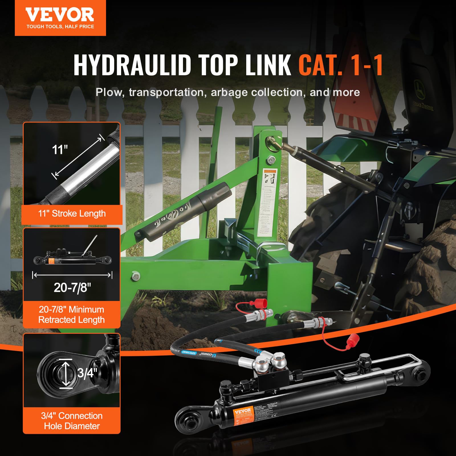 VEVOR hydraulic top link Cat.1-1 with two hoses ready for quick installation