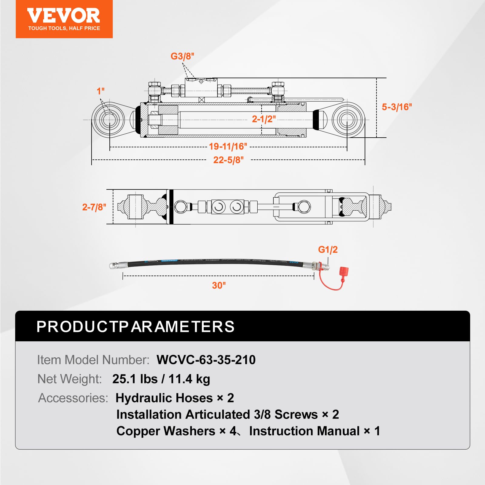 VEVOR hydraulic top link Cat 2-2 push 4t pull 2.4t capability
