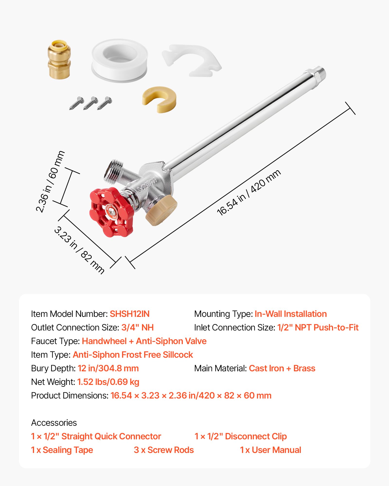 VEVOR 12-inch in-wall installation protects pipes from freezing