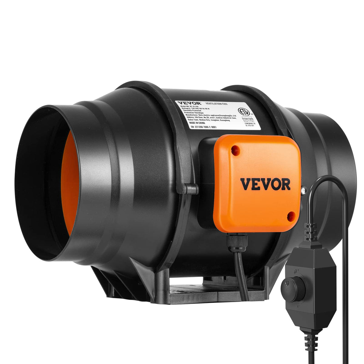 VEVOR Inline Duct Fan front view showing compact 6-inch design ideal for grow tents