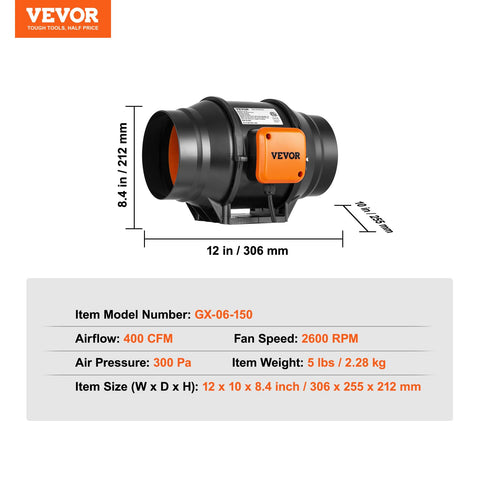 VEVOR Inline Duct Fan quiet operation suitable for living and working areas