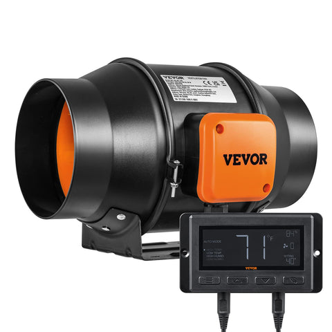 VEVOR inline duct fan 6-inch shows 402 CFM airflow for efficient cooling