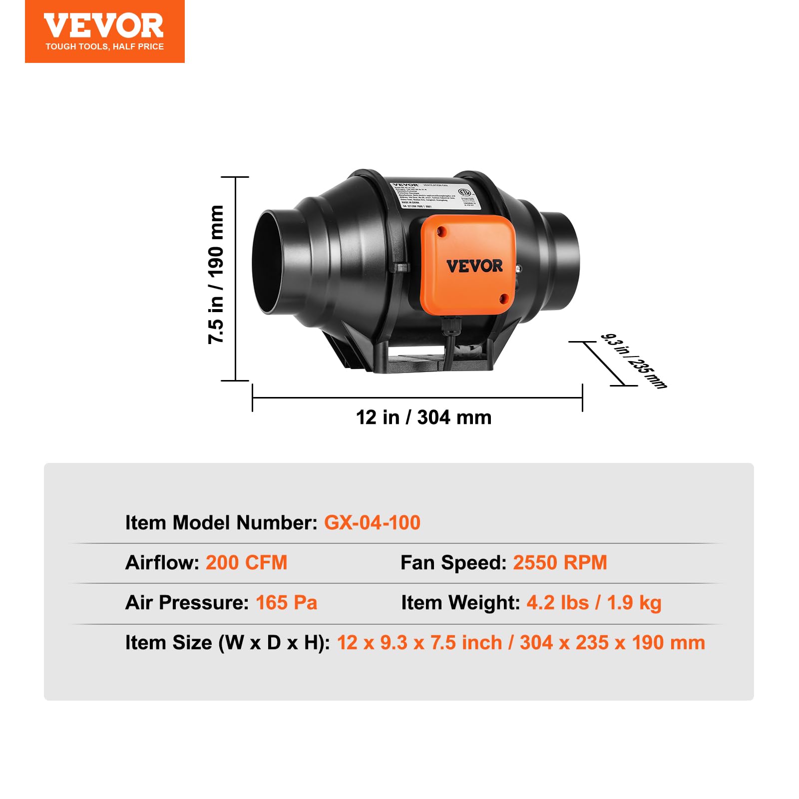 VEVOR Inline Duct Fan can be wall-mounted for space-saving setup.