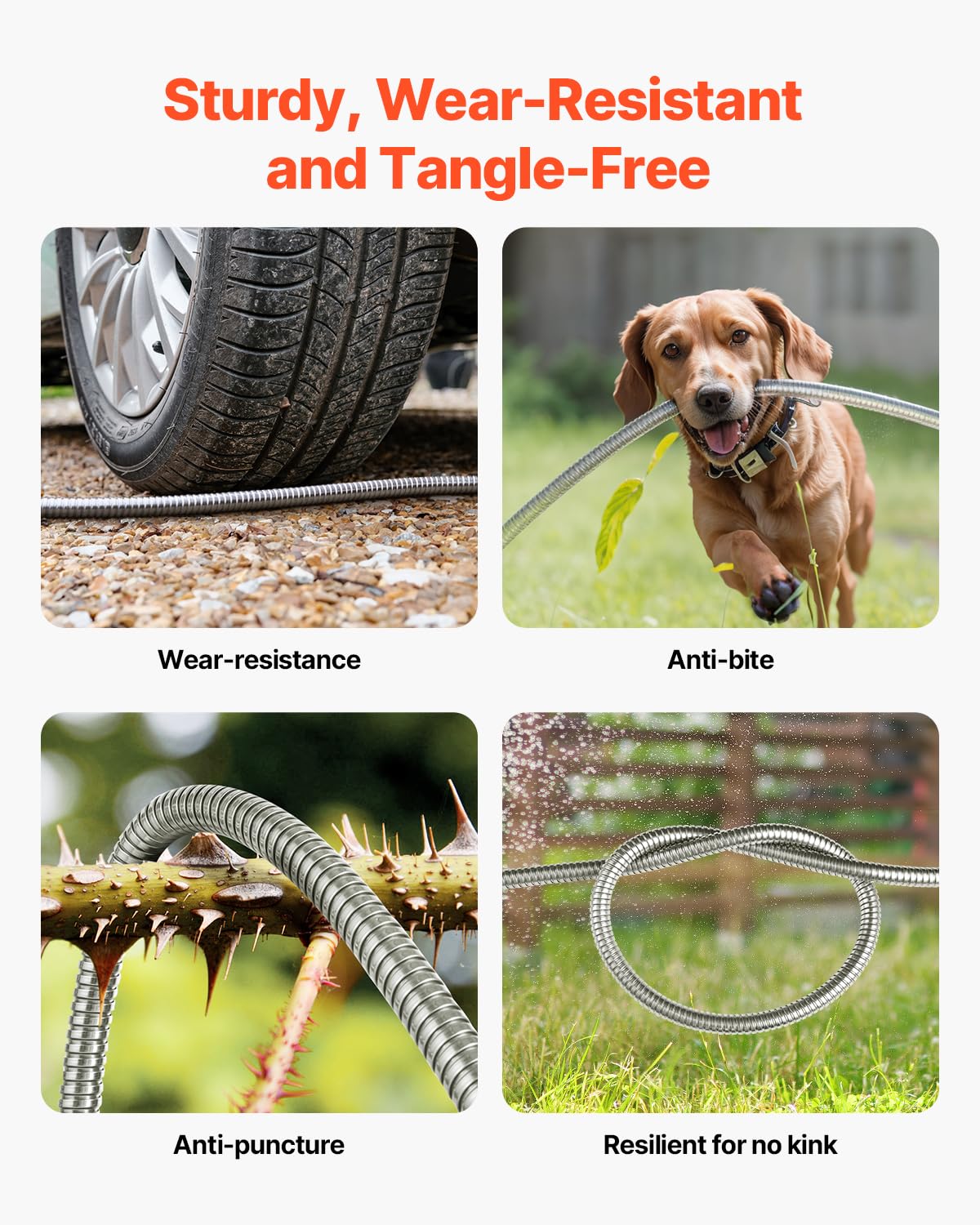 VEVOR kink-free metal hose maintains smooth water flow during gardening.