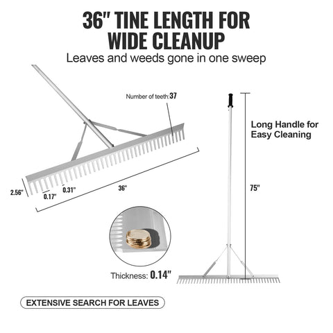 VEVOR lake weed rake shows 37-tine sweep for thorough surface clearing.