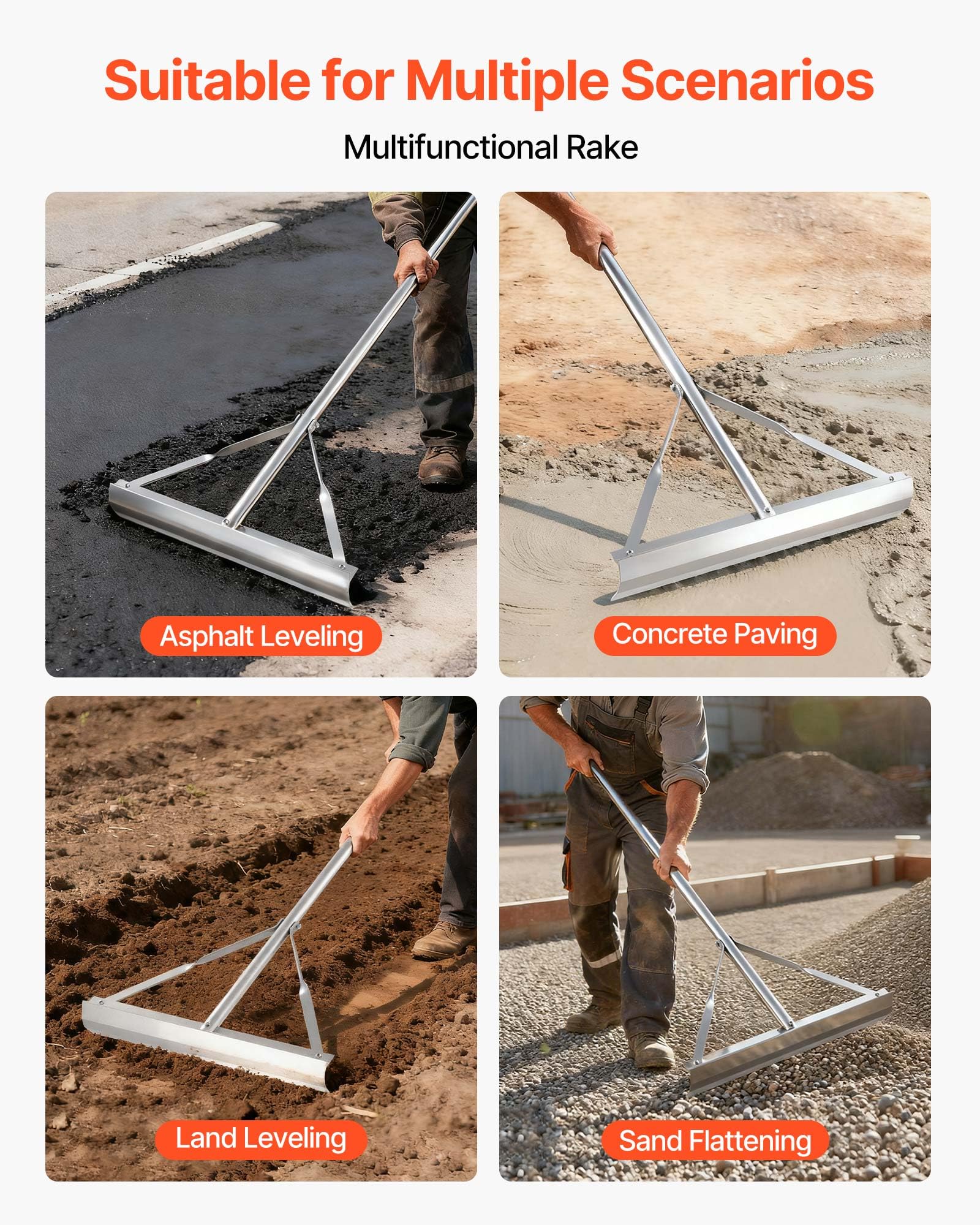 VEVOR Landscape Rake 20-inch head enables precise concrete and soil leveling