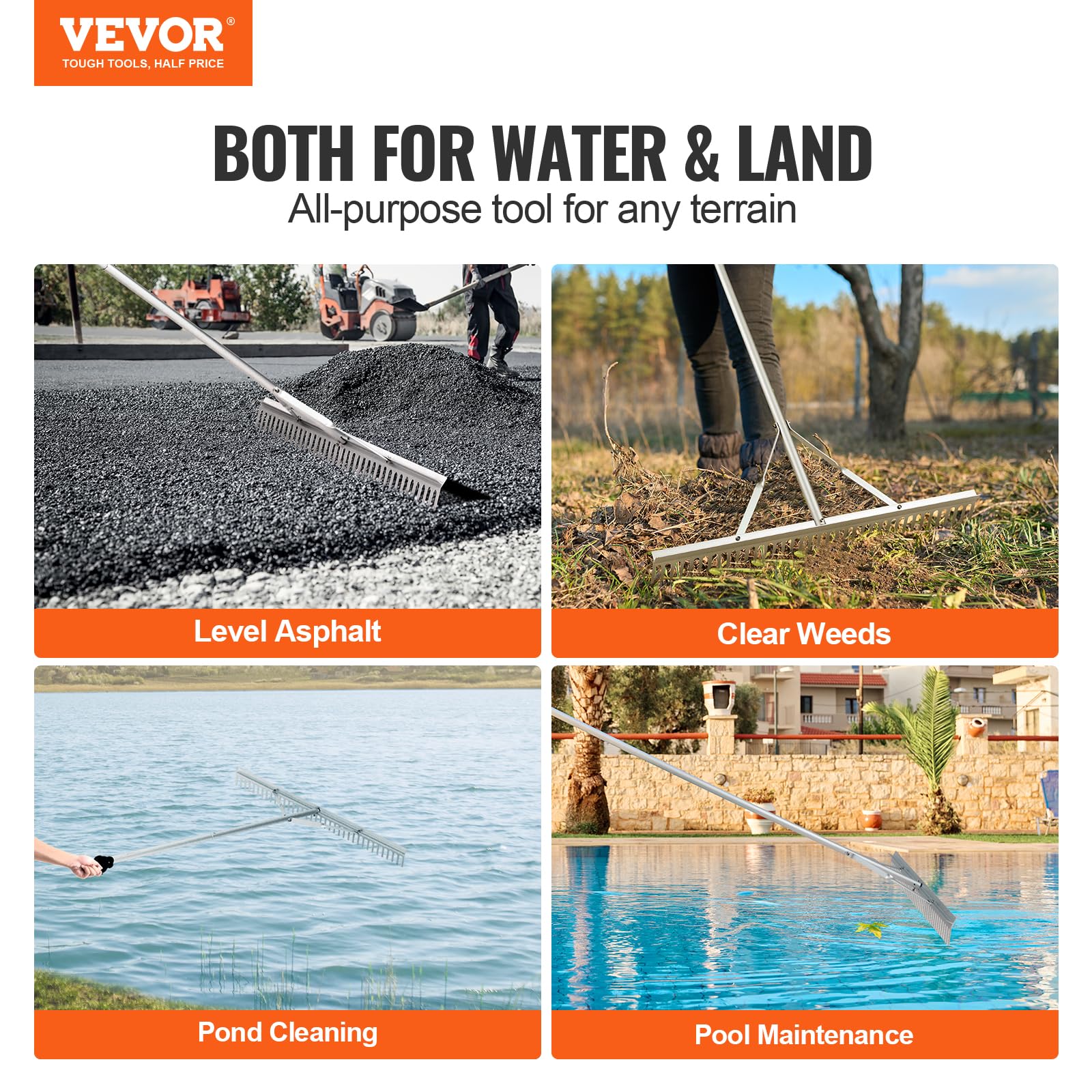 VEVOR landscape rake with 75-inch handle reaches distant shoreline debris.