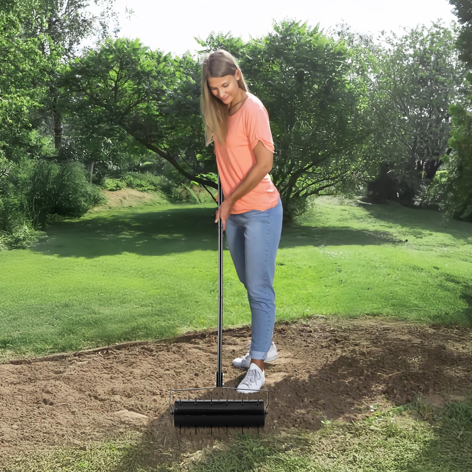 VEVOR lawn aerator in use across a thriving garden