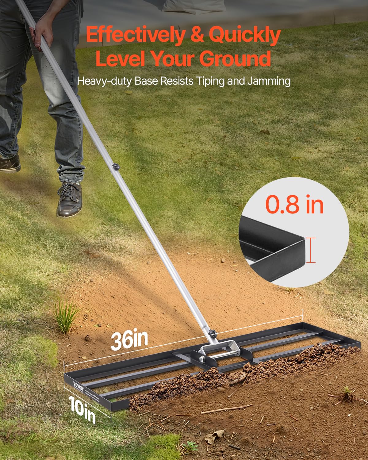 VEVOR lawn leveling rake 83.9 in handle enables comfortable, tall-user operation.