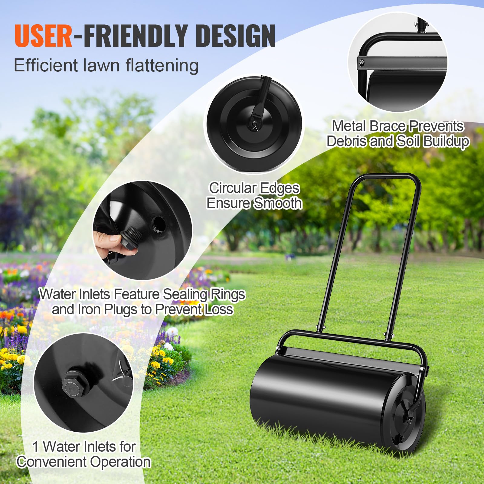 VEVOR lawn roller with circular edge gliding over turf to protect grass