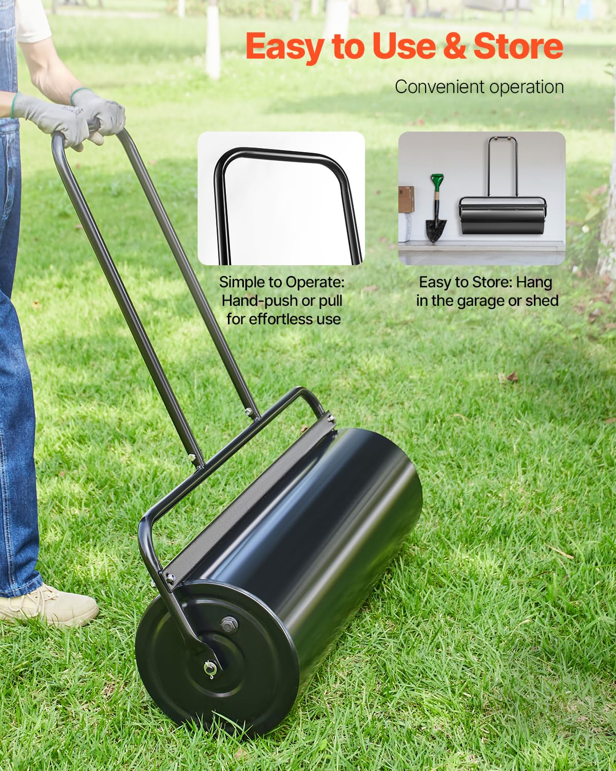 VEVOR Lawn Roller features a durable high-carbon steel drum for outdoor use.