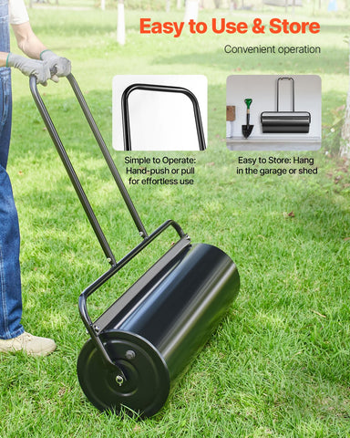 VEVOR Lawn Roller features a durable high-carbon steel drum for outdoor use.