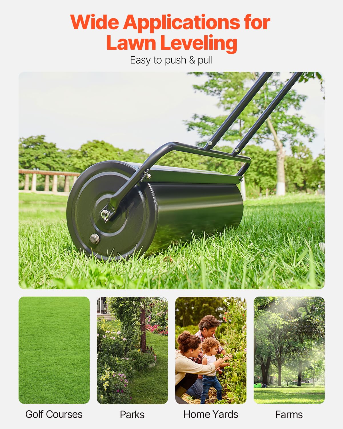 VEVOR Lawn Roller fill port allows sand or water to adjust weight.