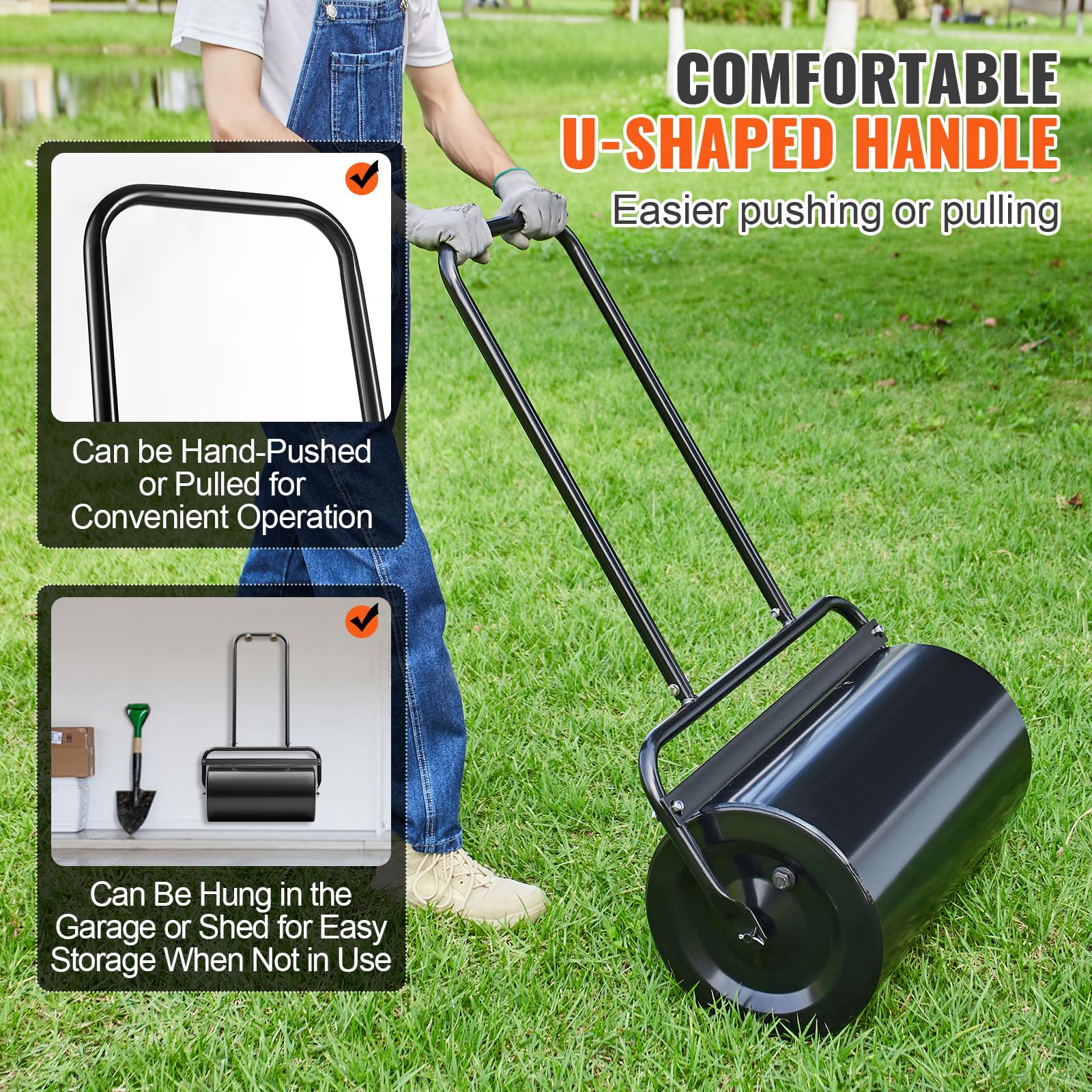 VEVOR lawn roller featuring a heavy-duty steel frame for durability