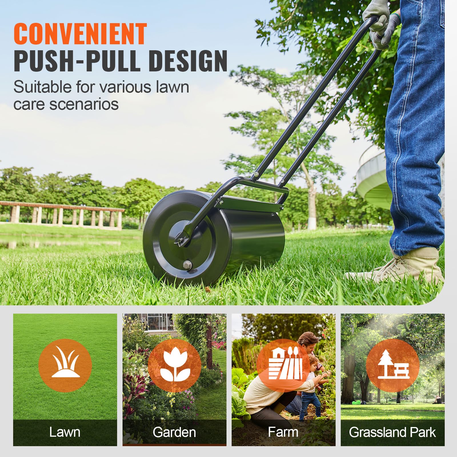 VEVOR lawn roller with metal scraper rod for debris removal