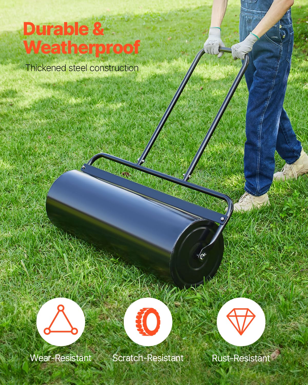 VEVOR Lawn Roller with rust-resistant coating for longevity in weather.