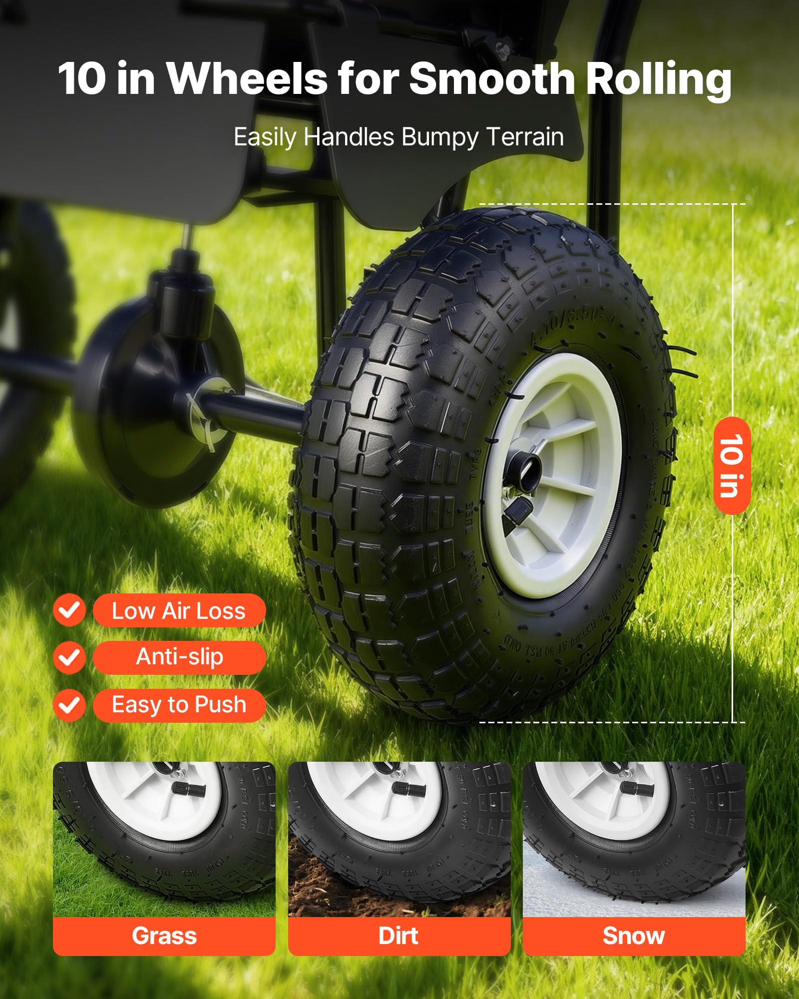 VEVOR lawn spreader with all-terrain tires for smooth outdoor movement