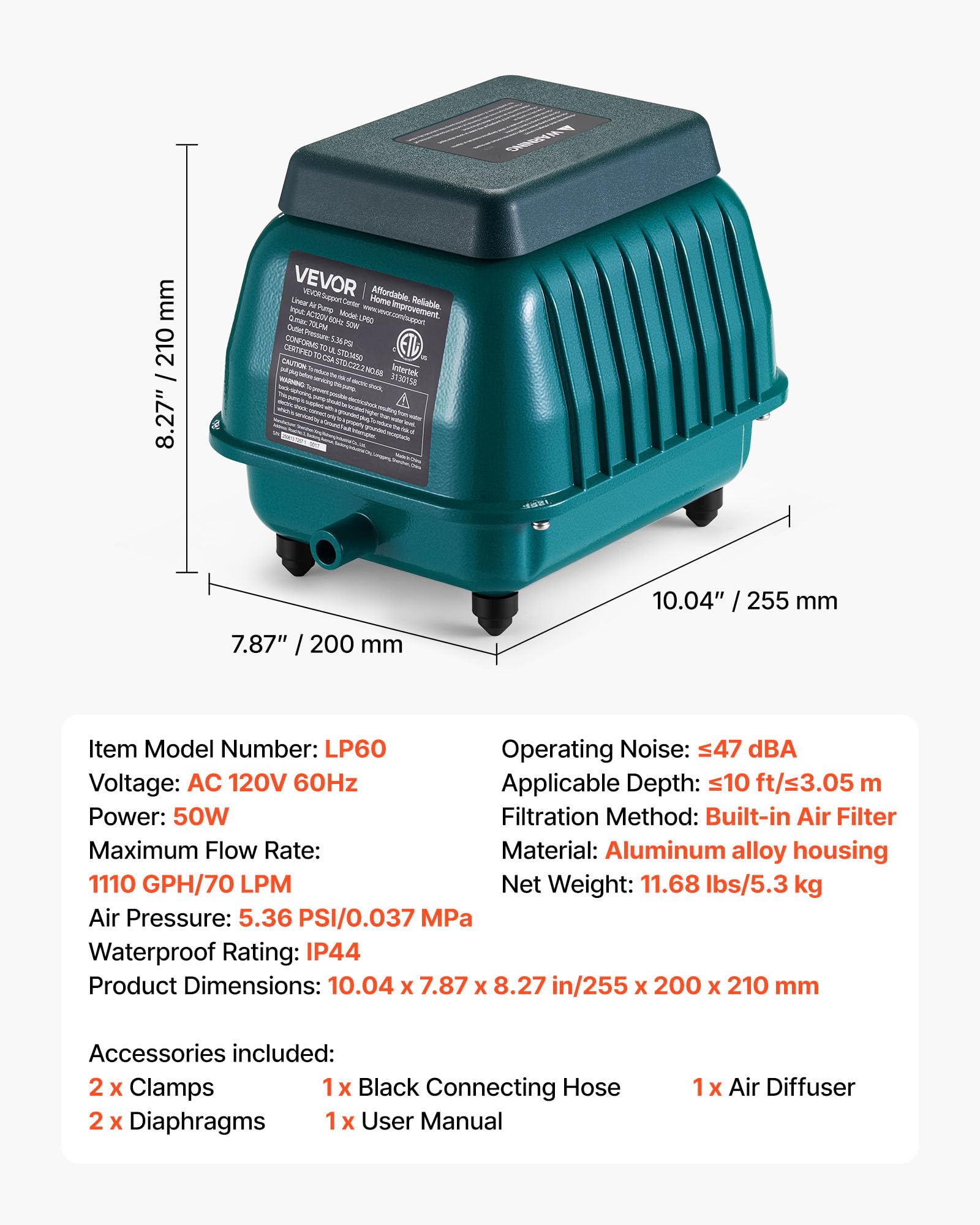 VEVOR Linear Air Pump 1110GPH inlet filter helps reduce dust