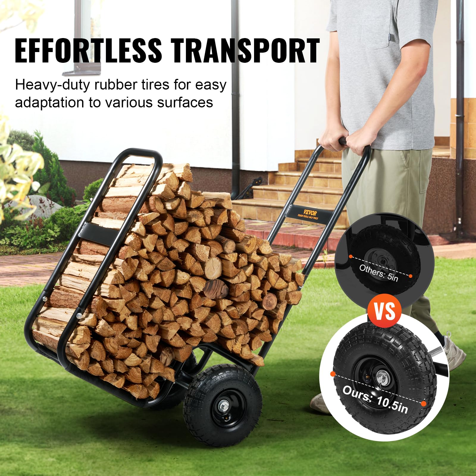 VEVOR Log Cart 10.5-inch wheels glide over terrain smoothly.