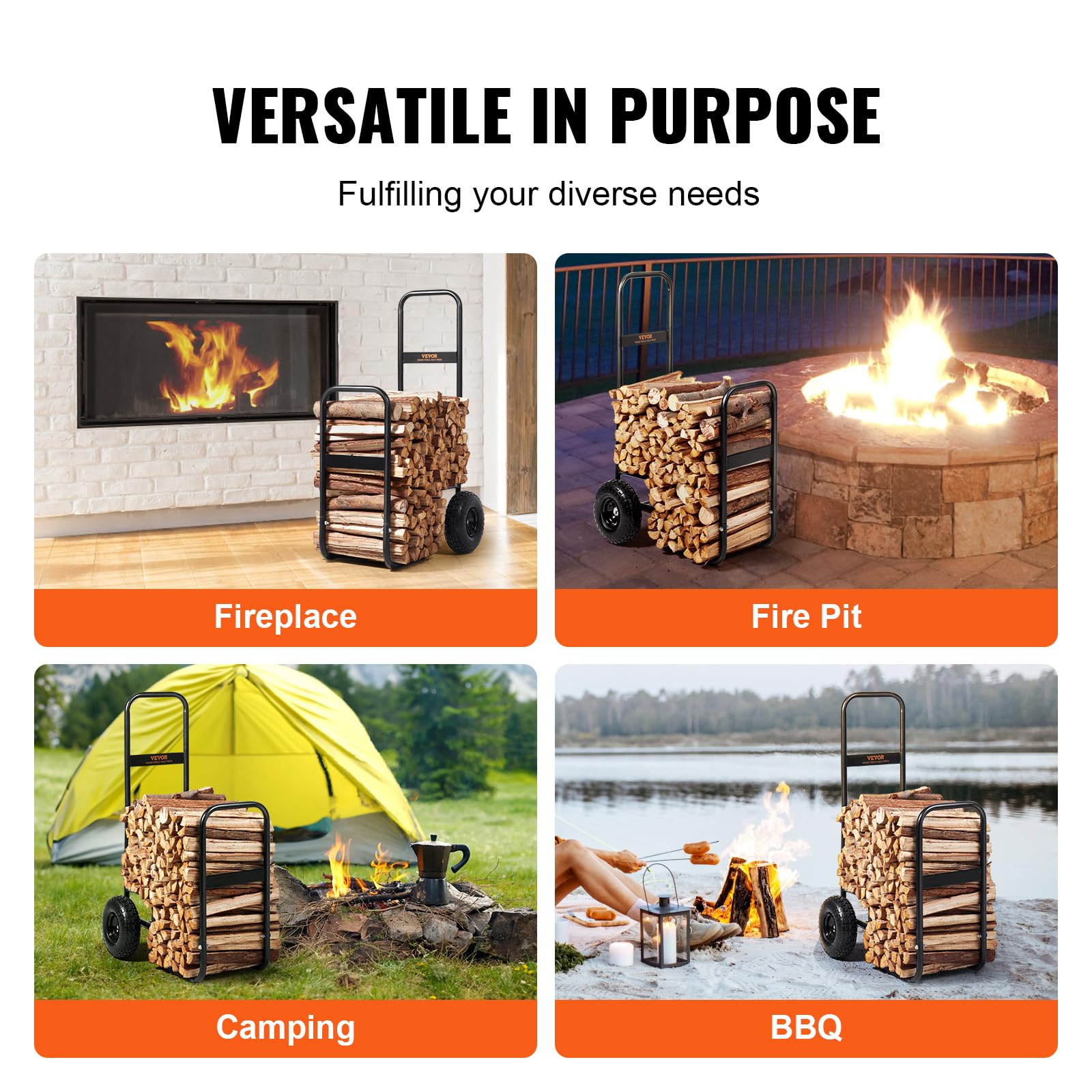 VEVOR Log Cart dimensions offer tall clearance for long firewood.