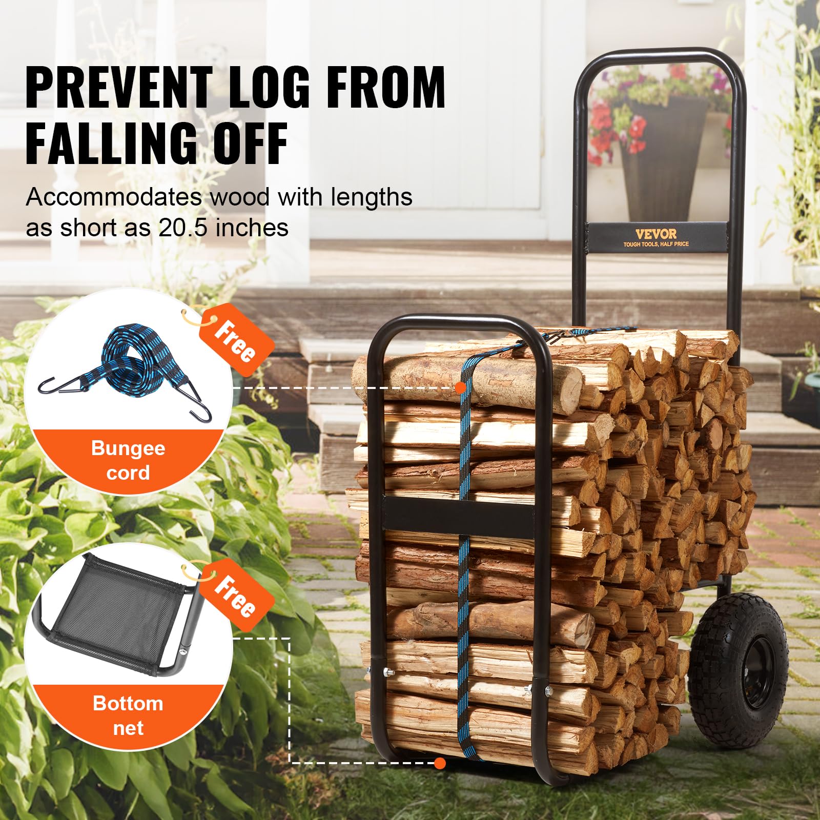 VEVOR Log Cart protective mesh keeps wood secure during transport.