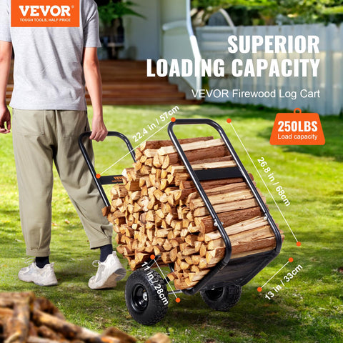 VEVOR Log Cart side view highlights robust design for indoor and outdoor use.