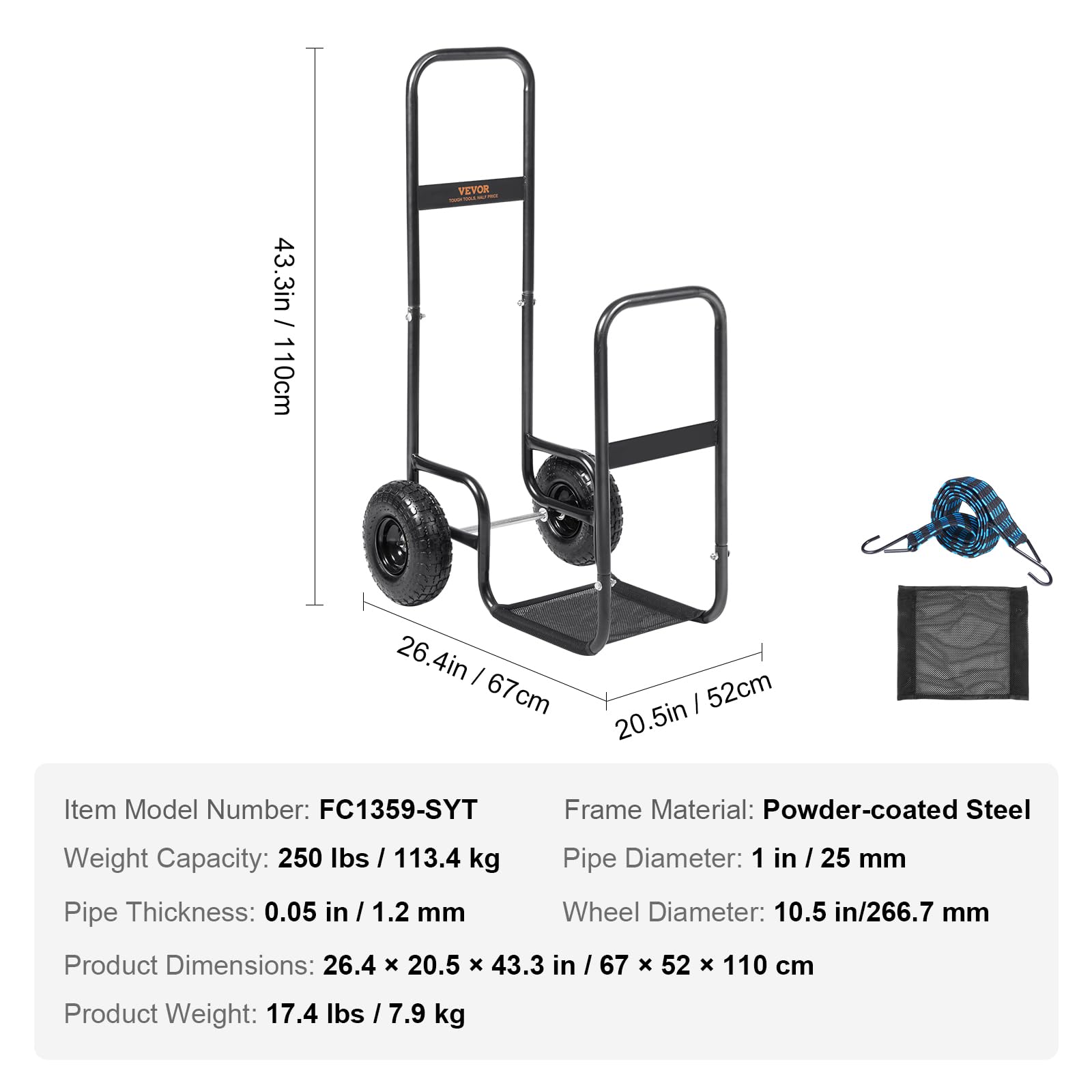 VEVOR Log Cart weighs only 17.4 lbs for easy maneuvering.