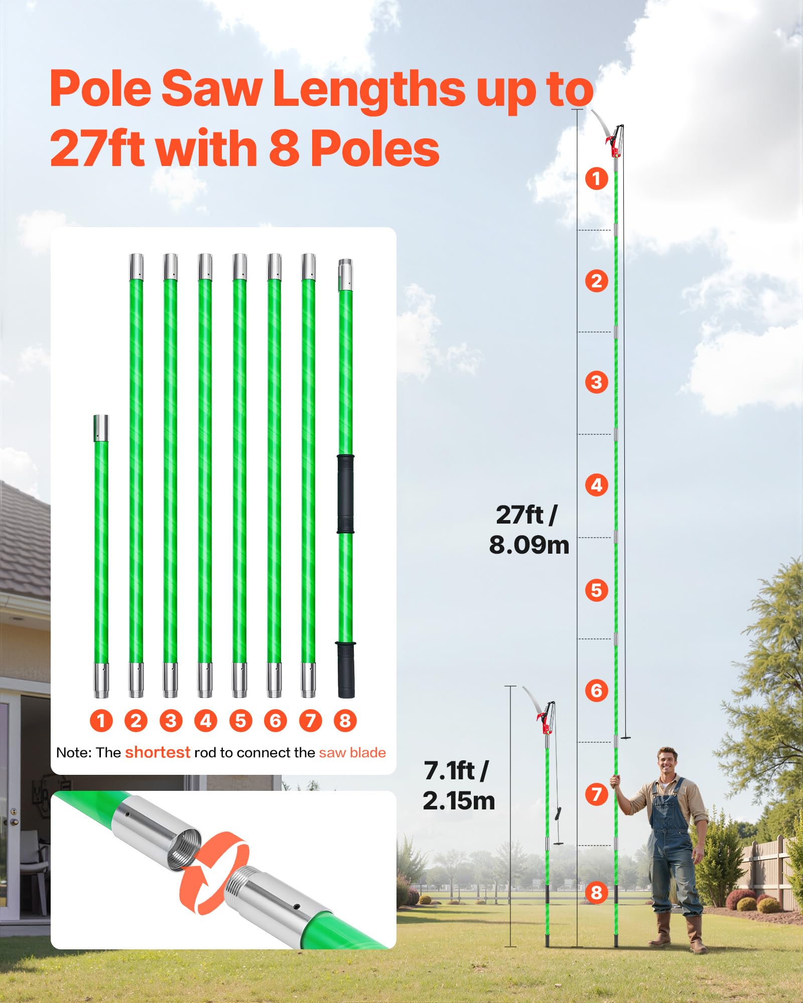 VEVOR pole saw with eight-section extension demonstrates adjustable reach