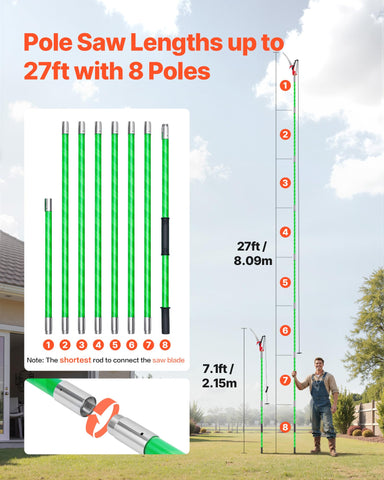 VEVOR pole saw with eight-section extension demonstrates adjustable reach
