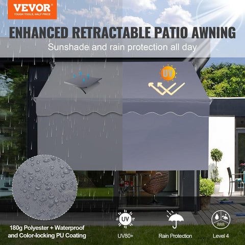 VEVOR retractable awning side view shows extended coverage for outdoor comfort