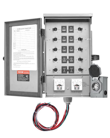 VEVOR manual transfer switch demonstrates 50A operation for reliable power transfer.