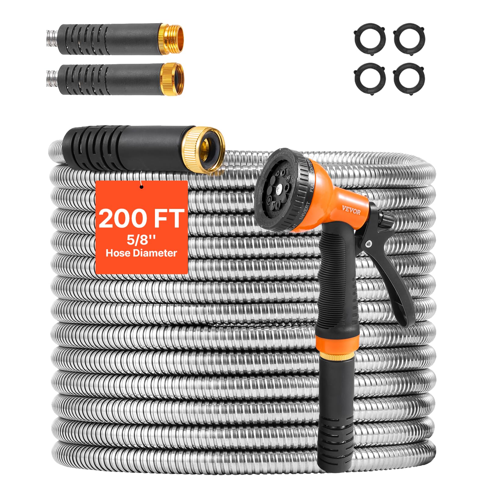 VEVOR metal garden hose 200 ft with stainless steel construction for durable outdoor watering.