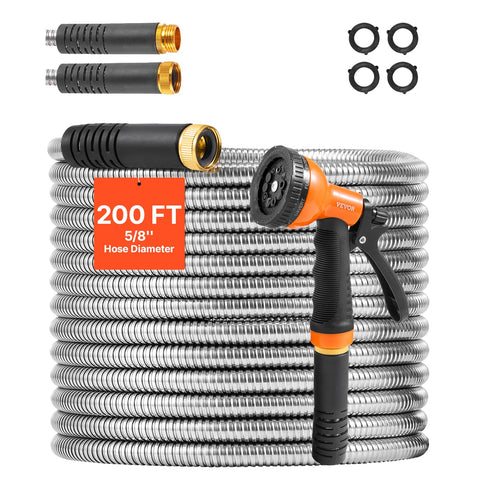 VEVOR metal garden hose 200 ft with stainless steel construction for durable outdoor watering.