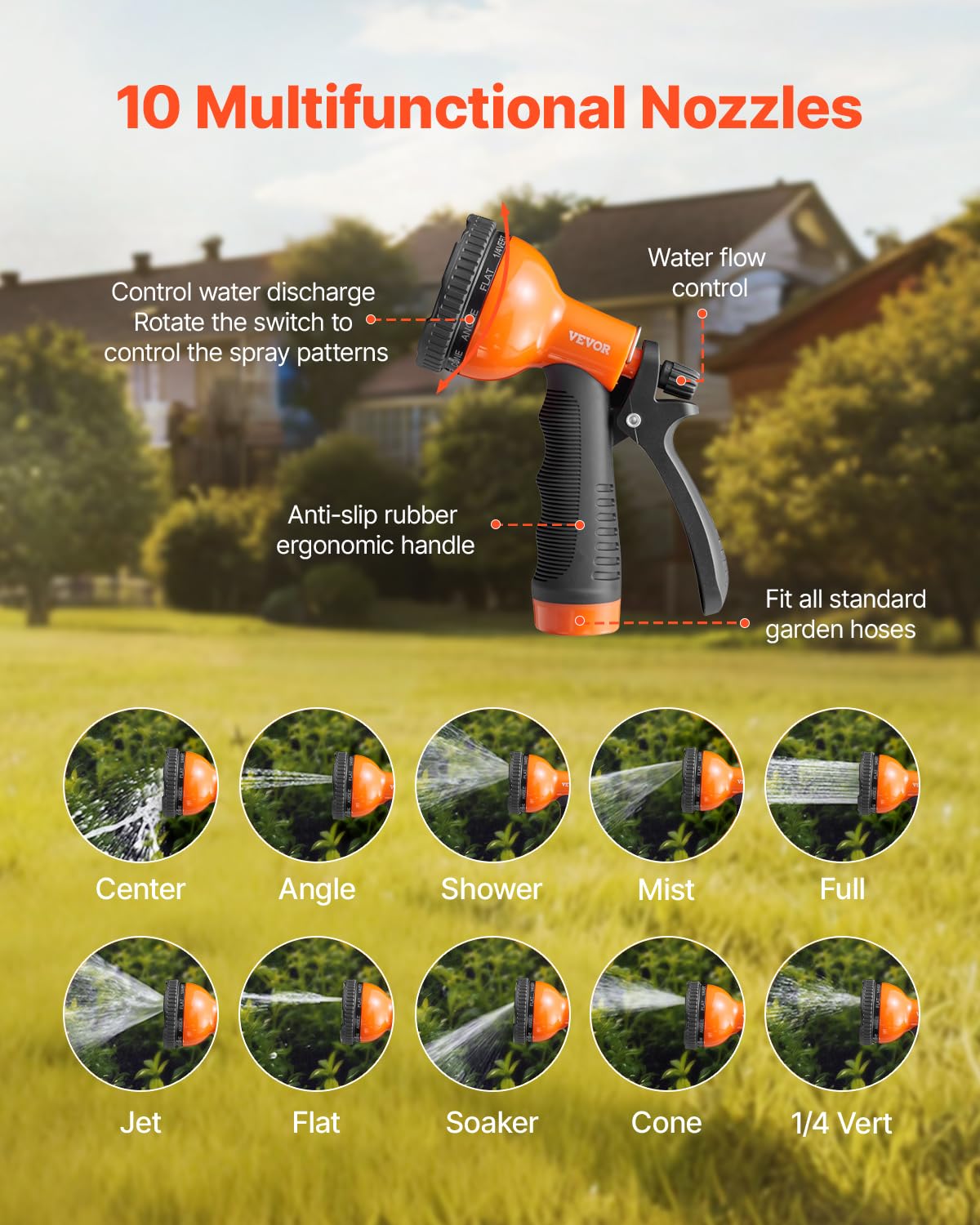 VEVOR metal garden hose ten-pattern nozzle offers versatile watering options for plants and cars.