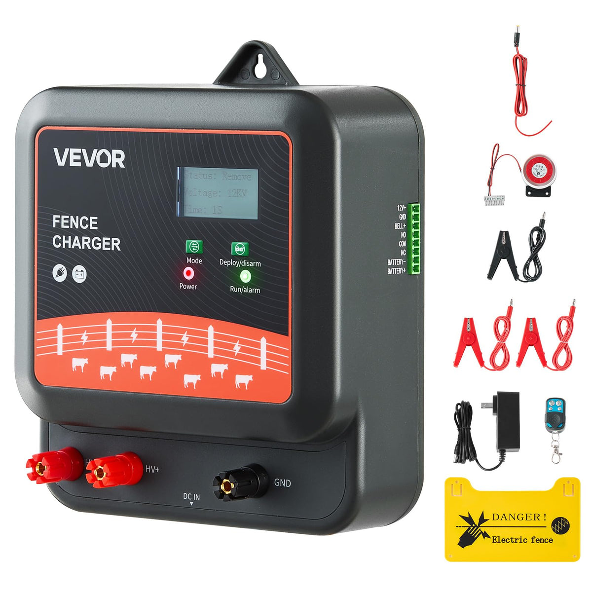 VEVOR multi-powered fence charger front view with LED indicators for quick status checks.