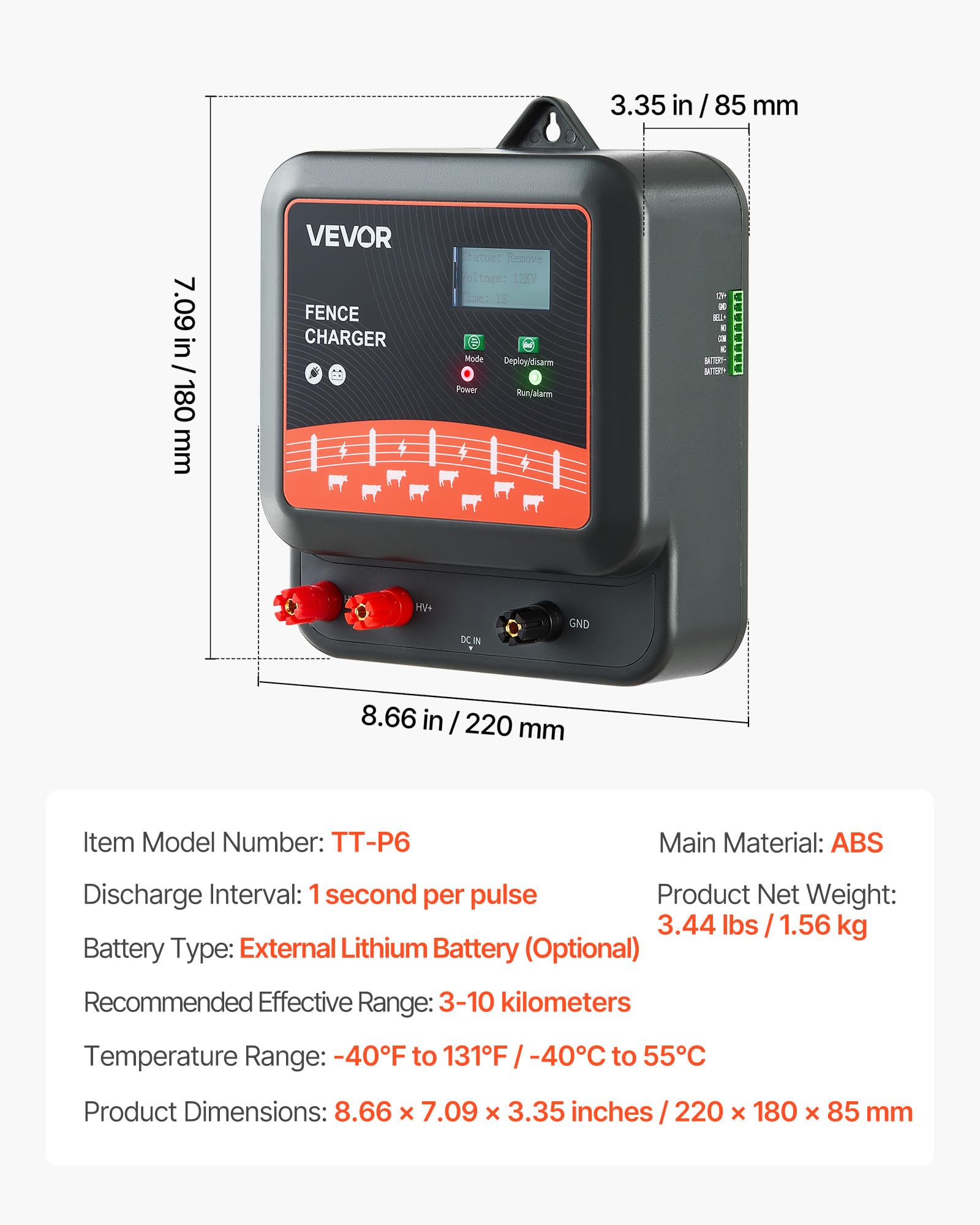 VEVOR fence charger range diagram illustrates 3–10 km coverage for wildlife deterrence.