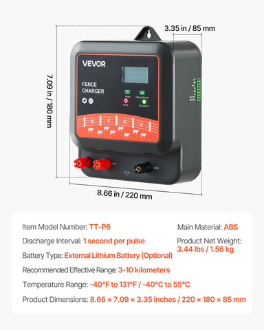 VEVOR fence charger range diagram illustrates 3–10 km coverage for wildlife deterrence.