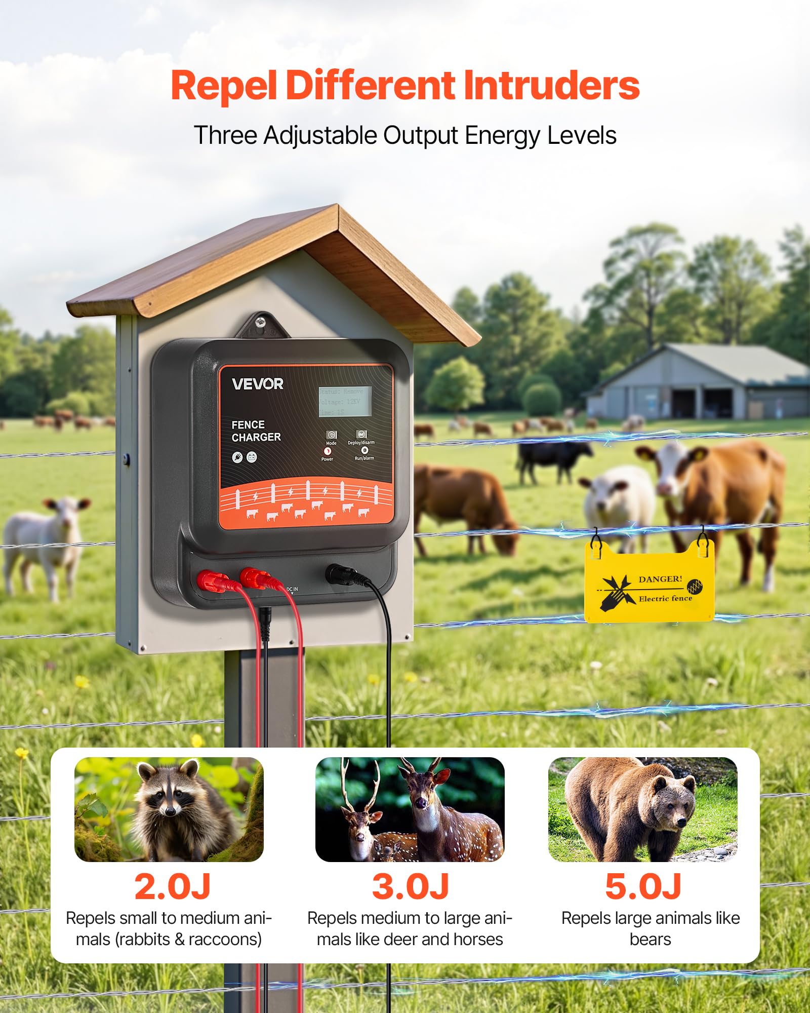 VEVOR fence charger side panel highlights adjustable voltage for tailored protection.