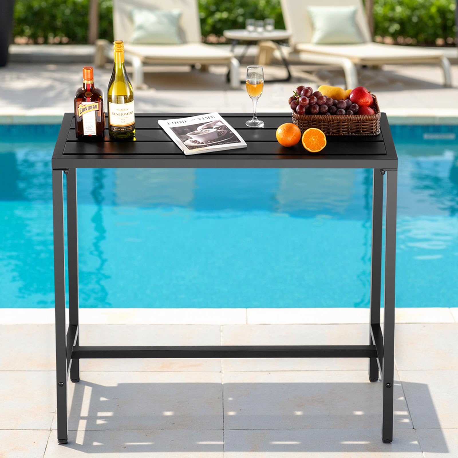 VEVOR Outdoor Bar Table side profile highlights a stable metal frame for balance