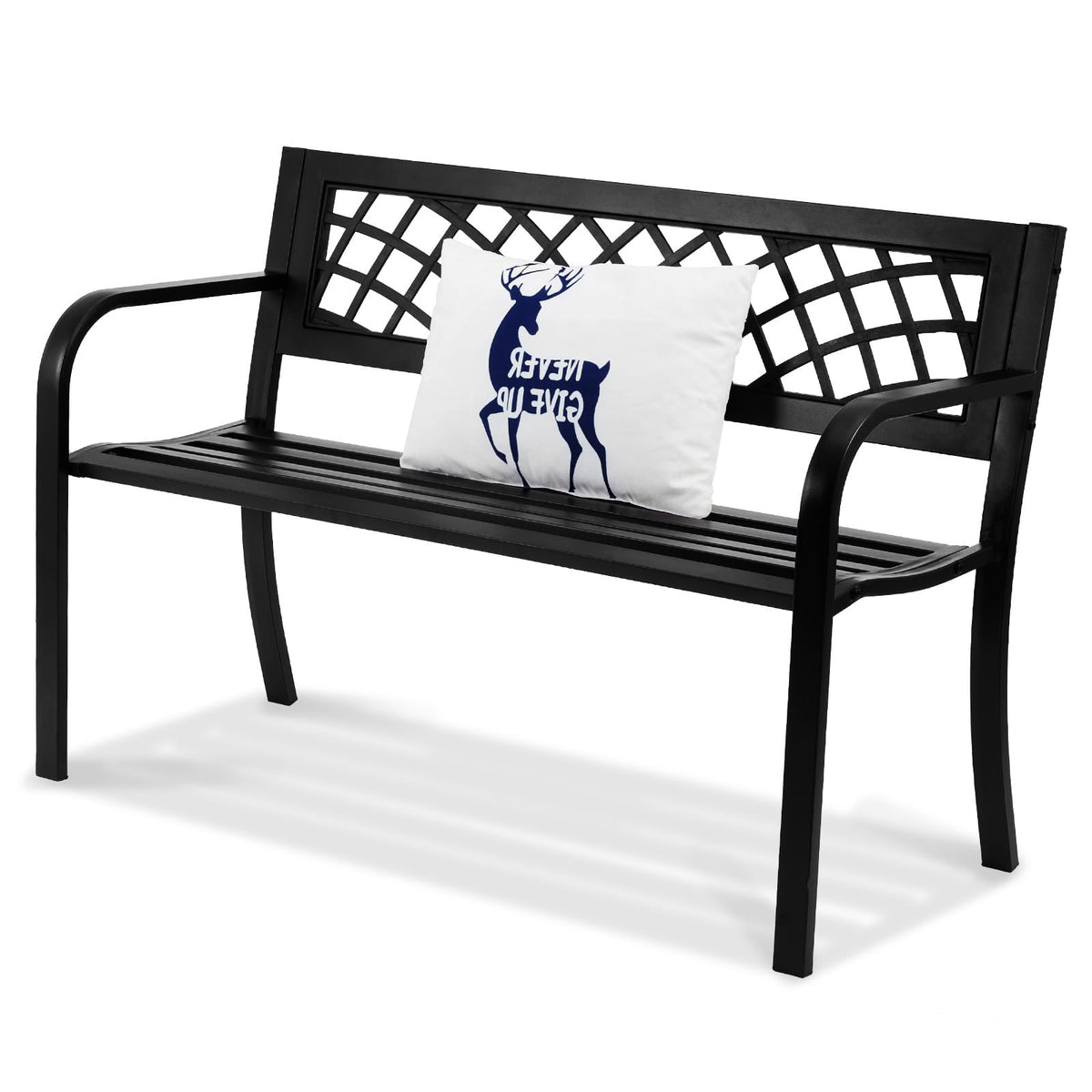 VEVOR outdoor bench front view showing the durable 46inch iron frame for outdoor spaces