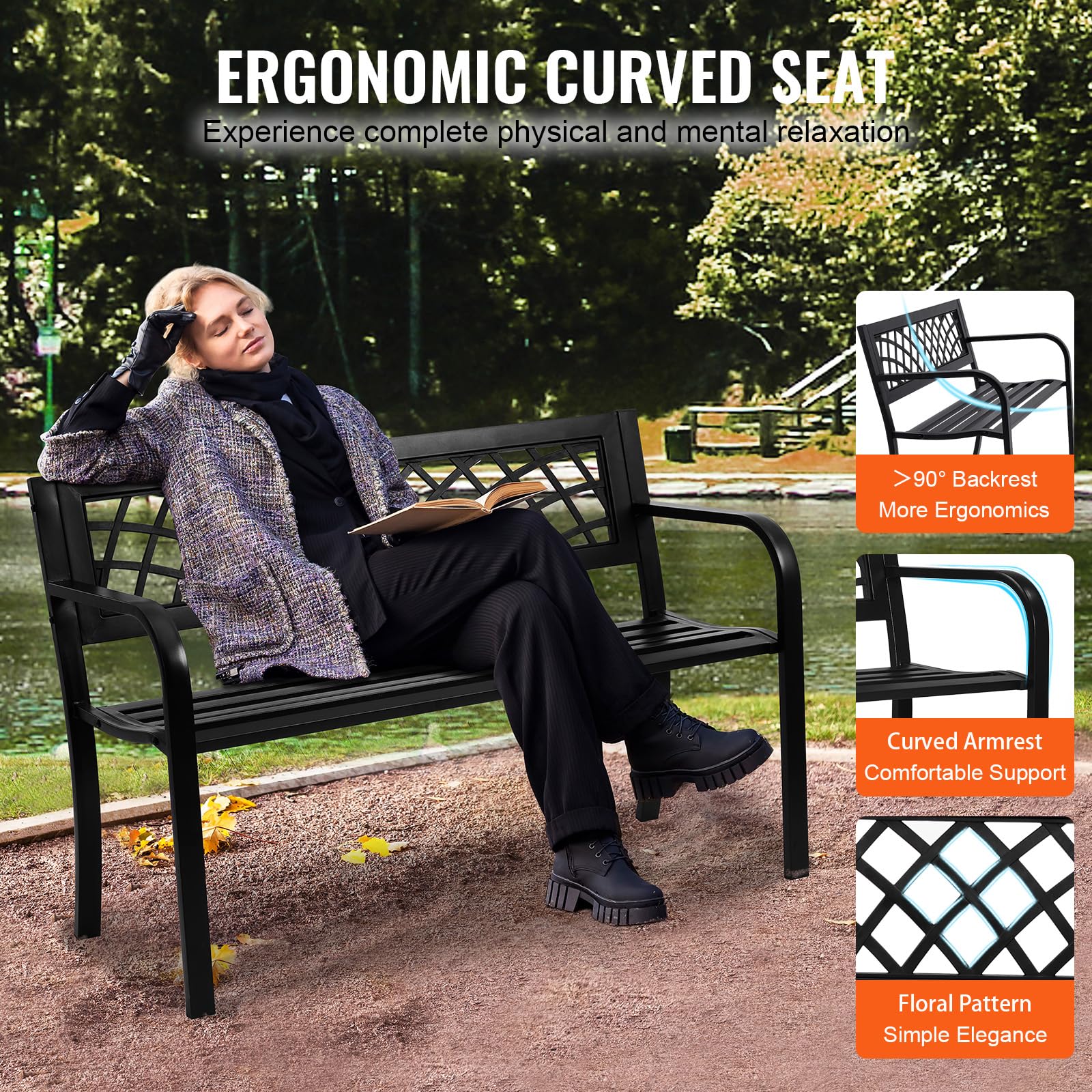 VEVOR bench in garden setting demonstrates versatile outdoor seating for 1–3 people