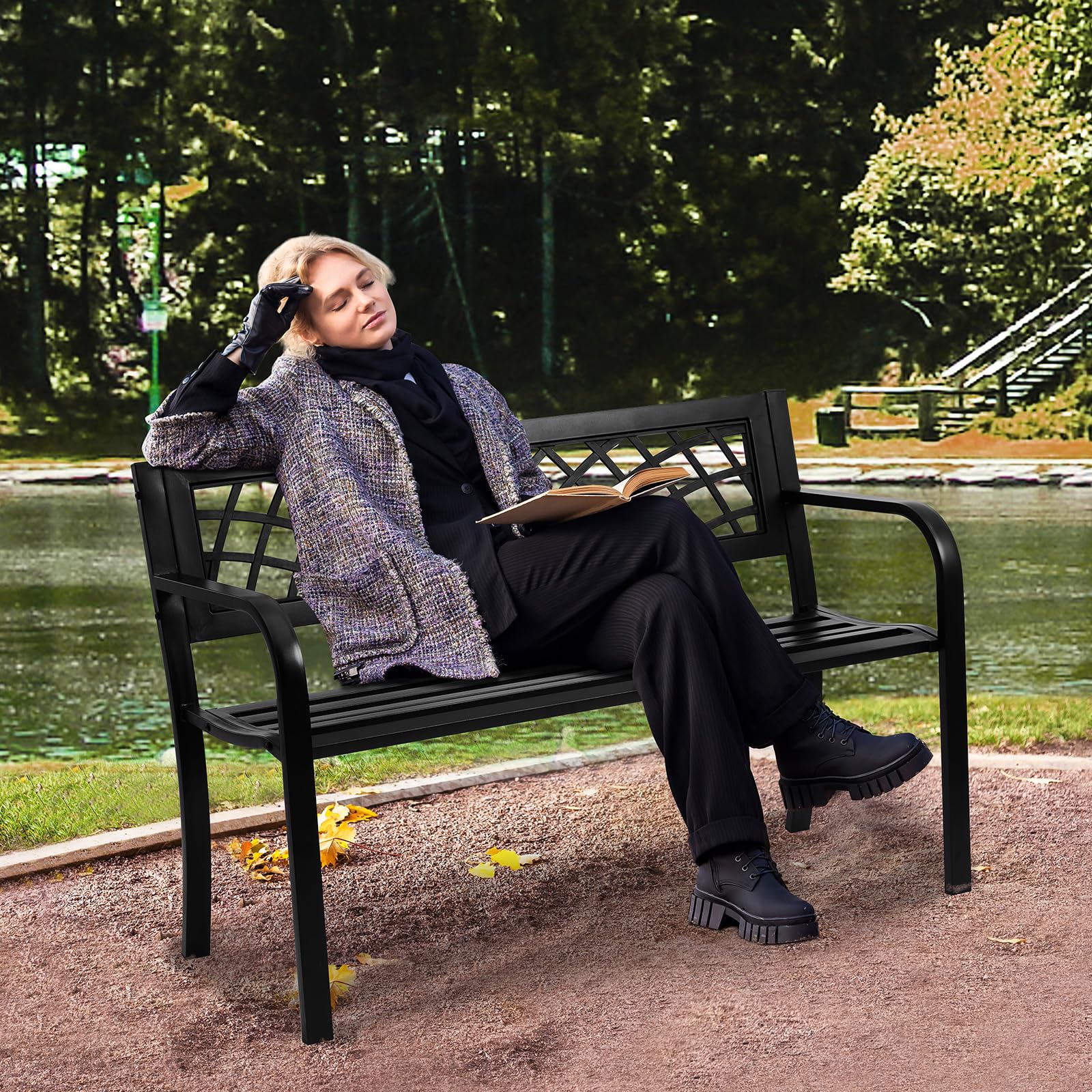 VEVOR bench side view emphasizing the comfortable curved armrests for relaxed seating