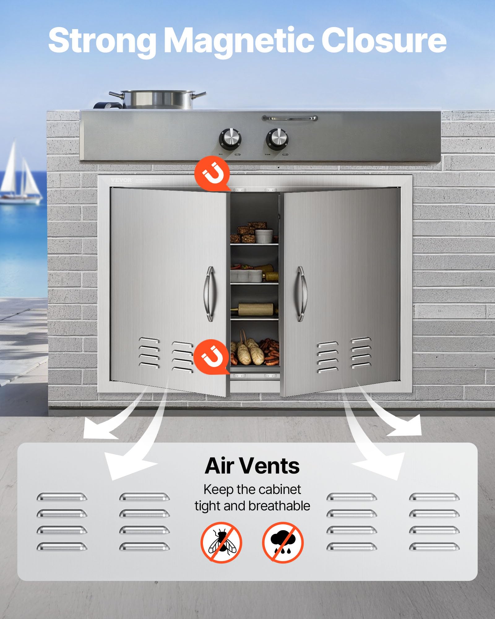 VEVOR outdoor kitchen doors reversible hinge enables flexible installation.
