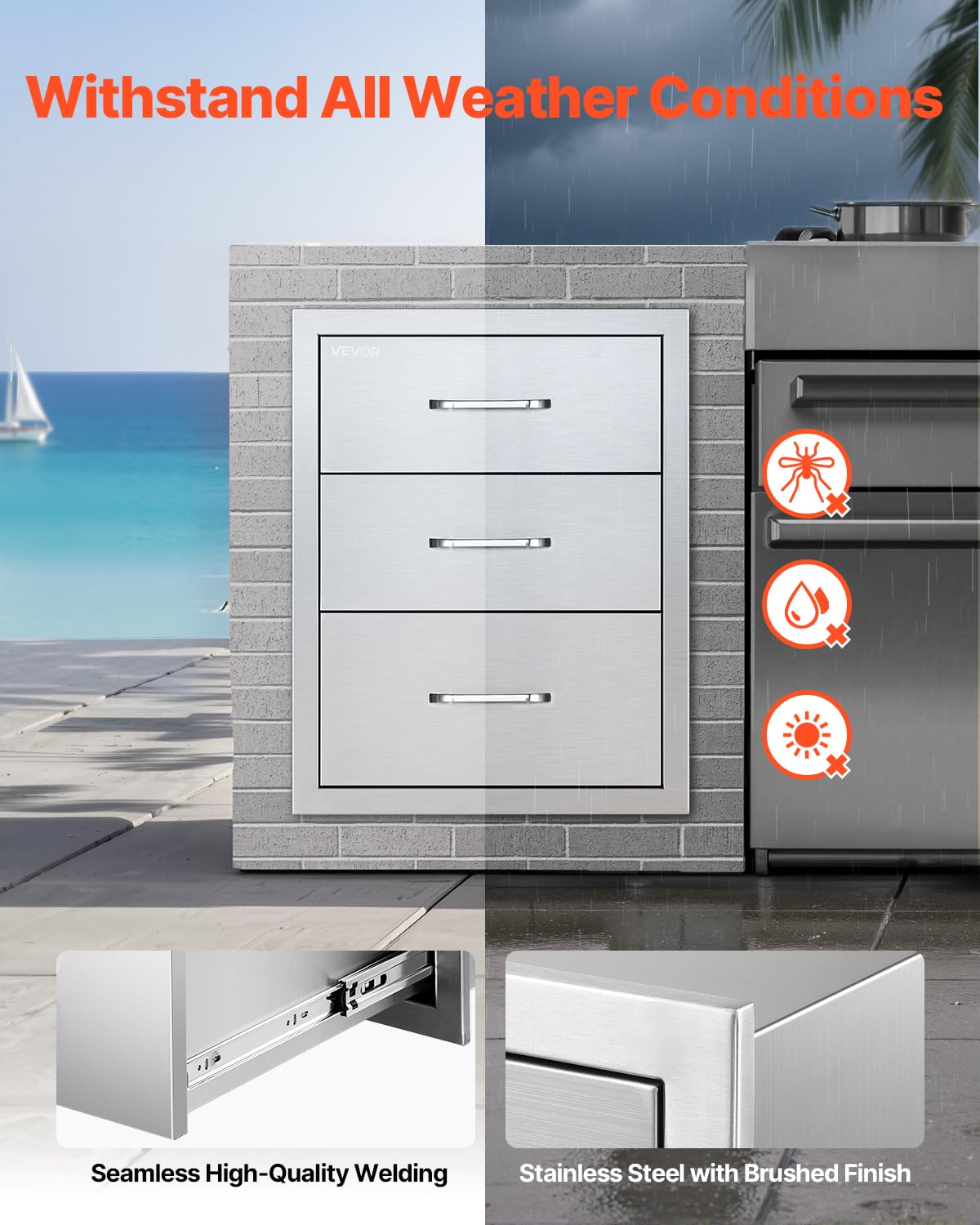 VEVOR outdoor kitchen drawers closeup, rounded corners reduce scratches.