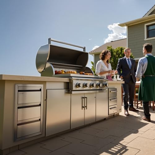VEVOR outdoor kitchen drawers front close-up with brushed stainless finish resisting rust