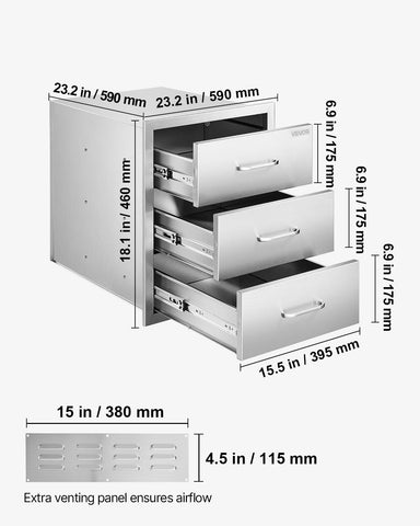 VEVOR outdoor kitchen drawers open drawer, three equal compartments for easy access.