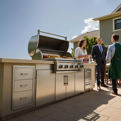 VEVOR outdoor kitchen drawers side profile, triple-drawer layout for organized storage.