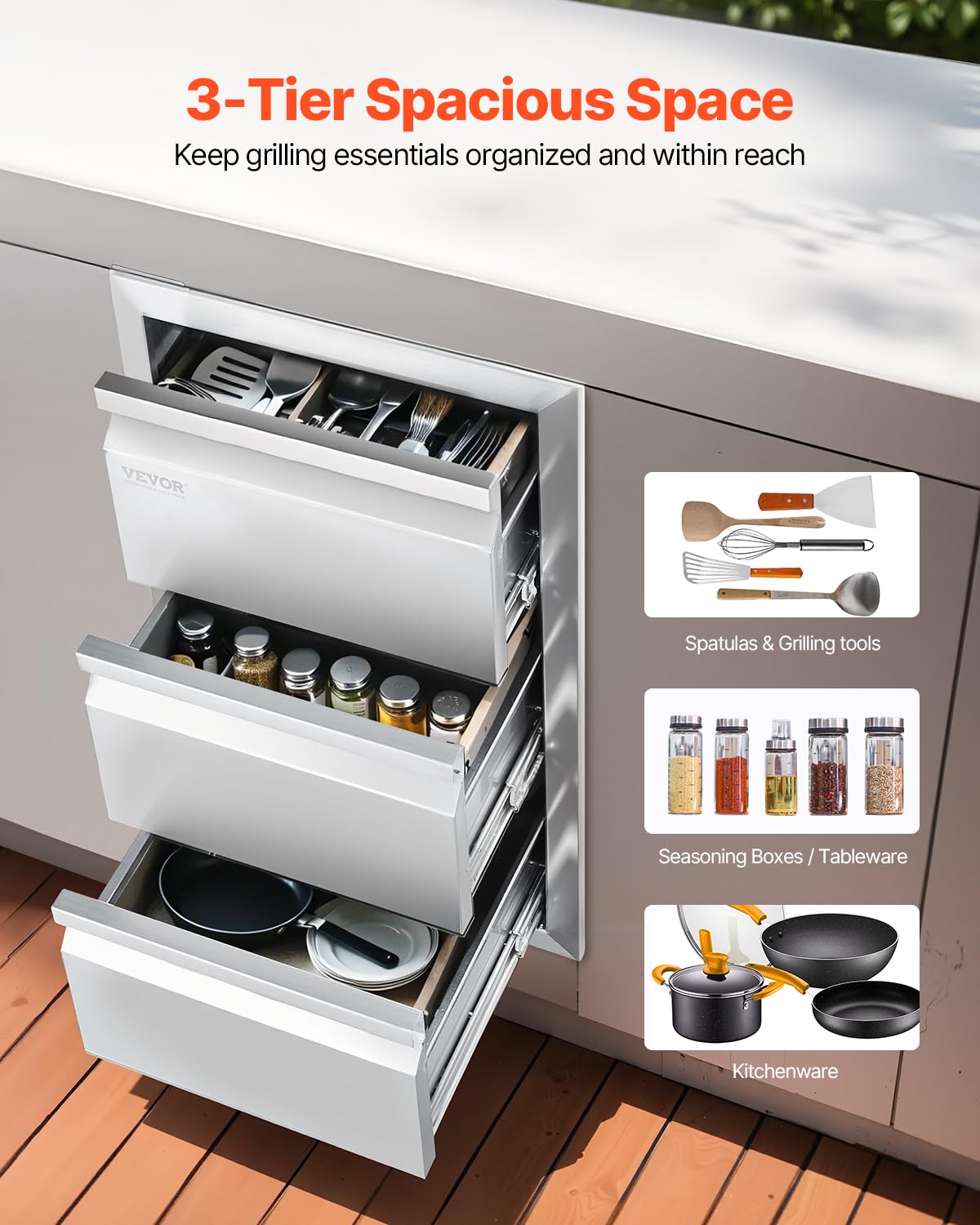 VEVOR BBQ drawers in stainless steel with round handle for secure access