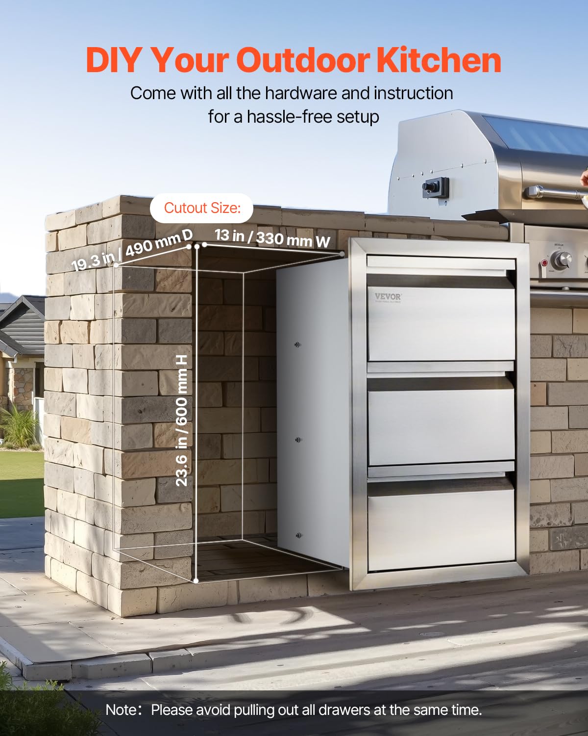 VEVOR weather-resistant drawers endure wind and rain for outdoor kitchens