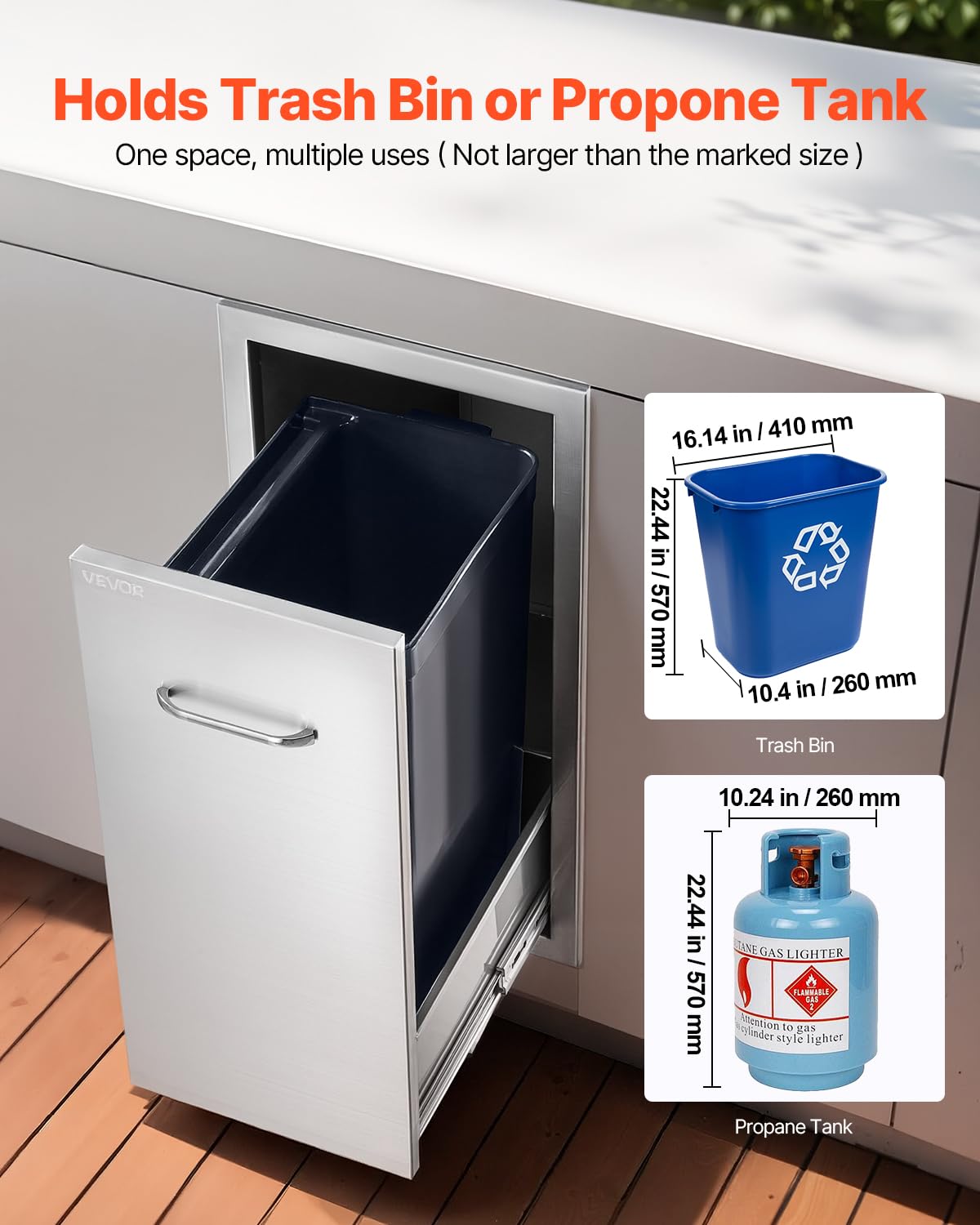 VEVOR stainless steel interior showing bin storage capability
